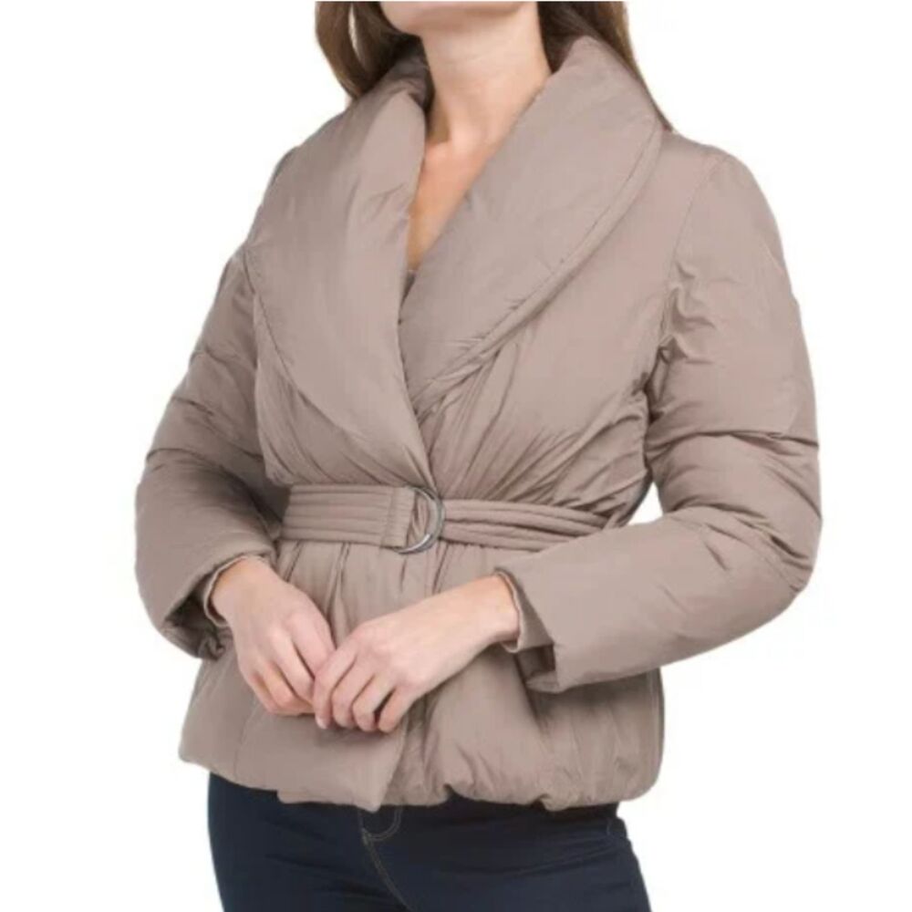 Bernardo Softy Glam Ecoplume Shawl Collar Puffer Jacket Belted Eco Friendly XS